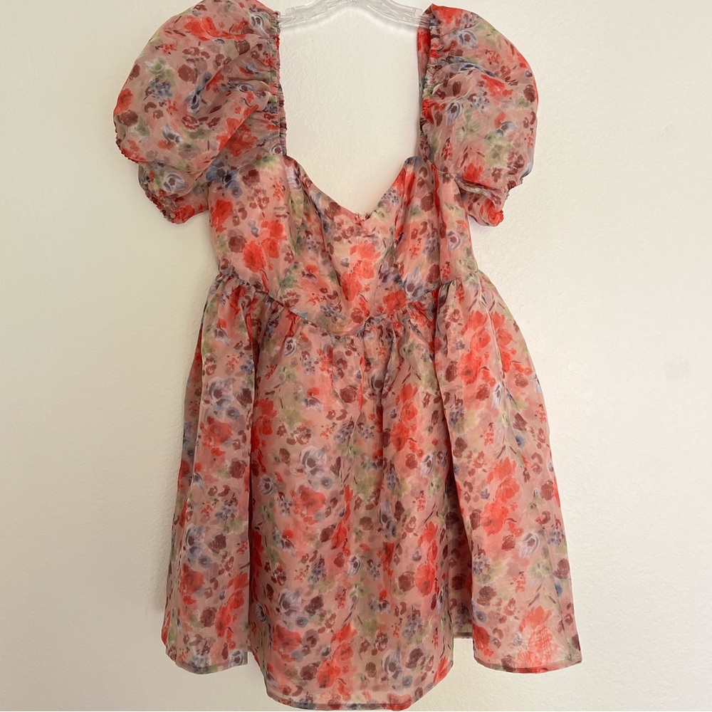 Dolls Kill Sugar Thrillz Floral Organza Puff Sleeve Mini Baby Doll Dress Size 1X